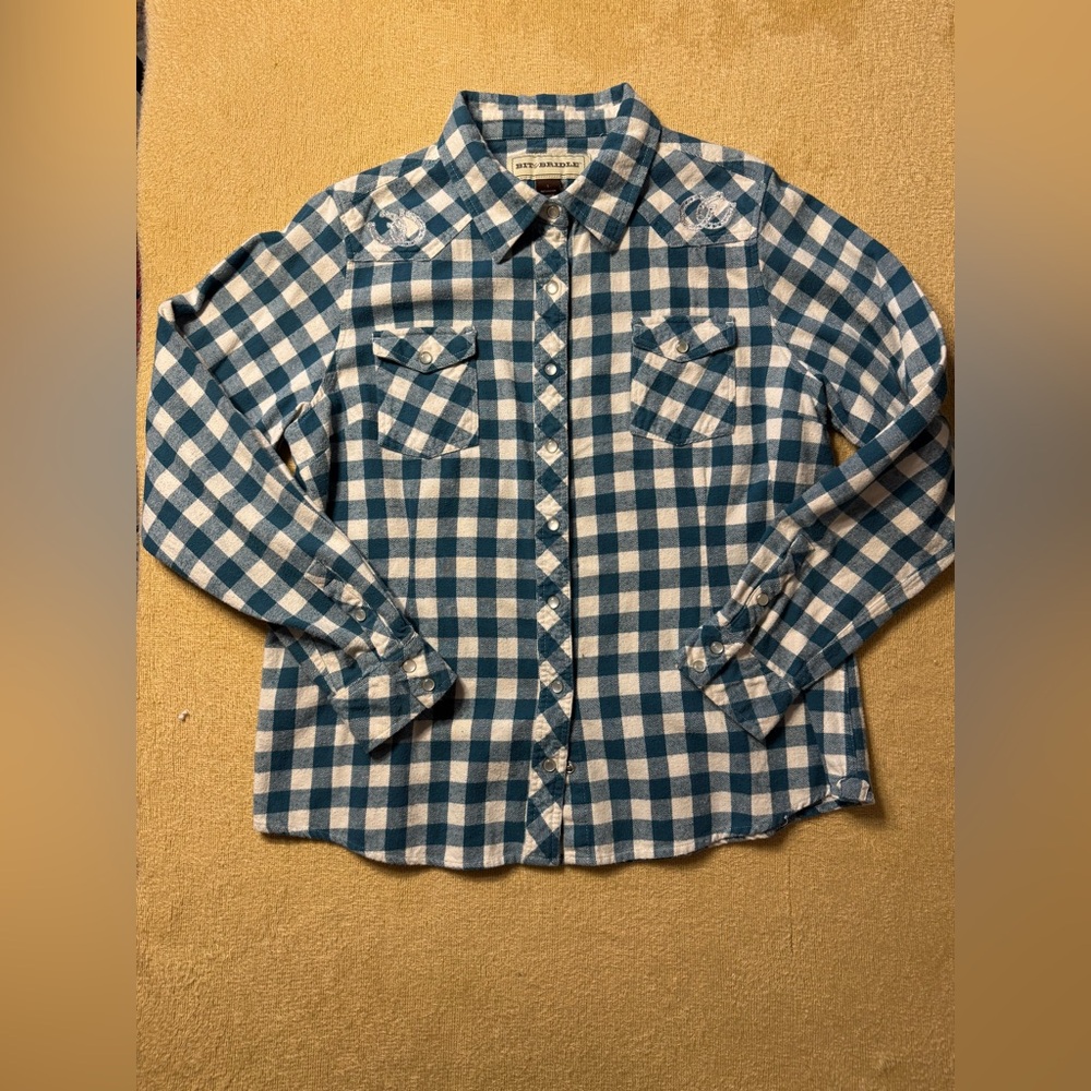 Bit & Bridle Teal and White Plaid Button Down Shirt With Horseshoe Design